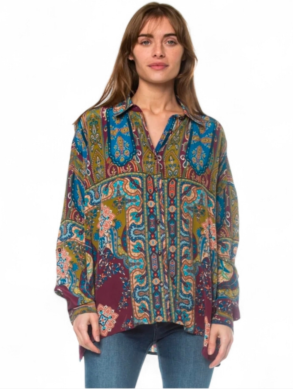 TOLANI Sangria Vegan Silk Cupro Boho Button Down - Small
